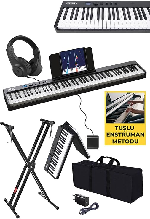 Midex PLX-100BK-ST Taşınabilir Dijital Piyano Tuş Hassasiyetli 88 Tuş Bluetooth Şarjlı (STAND Sustain Kulaklık Çanta Metod)