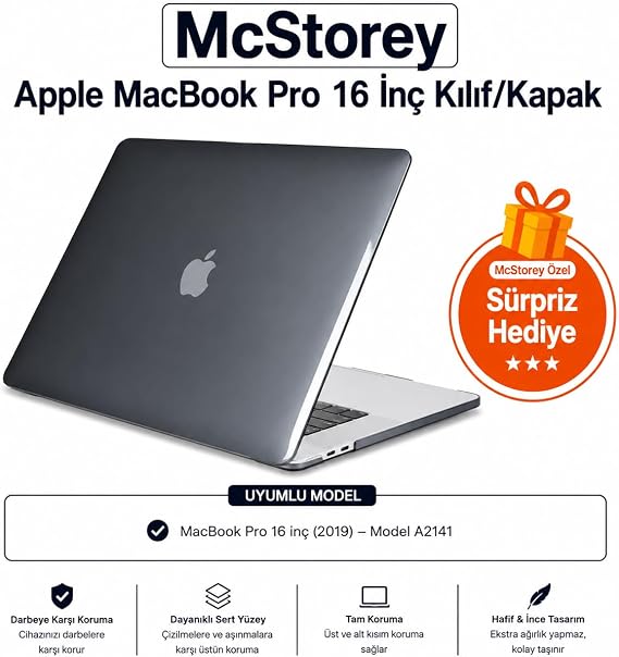 McStorey MacBook Pro A2141 Uyumlu Kristal TPU Sert Kılıf 16 inç 2019 Touch Bar Şeffaf Koruma Koruma Siyah