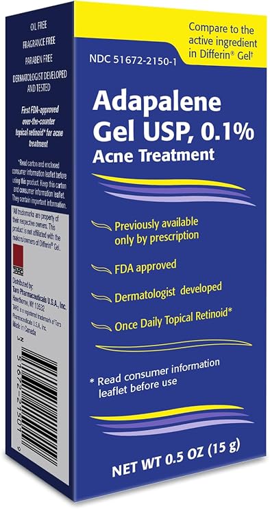 TARO Adapalene 0.1% USP Gel, Paraben Free, Retinoid Acne-Prone Facial Treatment for Sensitive Skin, Prescription Strength (0.5 Oz)