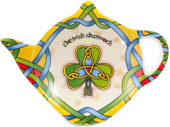 Royal Tara Ceramic Tea Bag Holder Teapot Shaped Tea Bag Plate with Clover, Trinity Knots and Celtic Colours