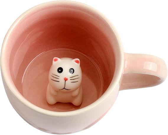 Cat Ceramic Cup Hidden 3D Animal Inside Mug (Pink Cat)