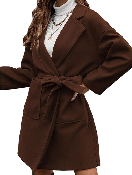 Women Winter Midi Jacket Wool Blend Open Front Blazer Short Pea Coat with Belt