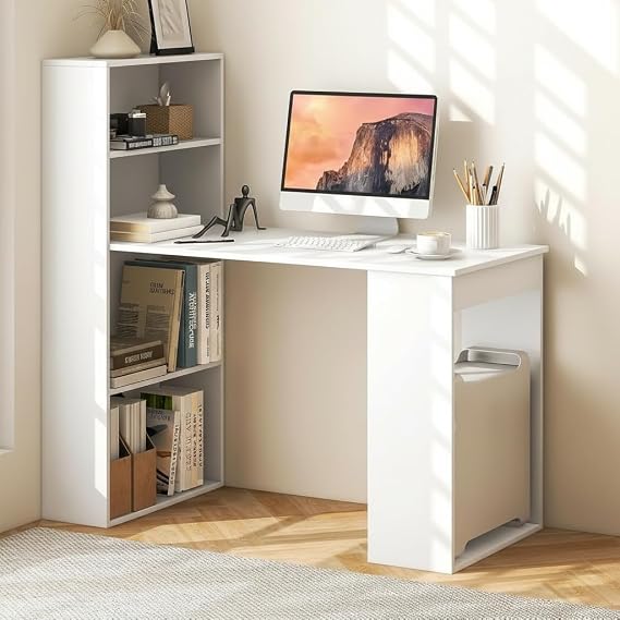 Tangkula White Computer Desk with Bookshelf, Writing Study Desk with Storage Shelves & CPU Stand, Modern Compact Computer Workstation for Home & Office, Space-Saving Design | Modern Compact Workstation w/Bookshelf Storage & CPU Stand, Space-Saving Design Bookcase Desk for Home Office