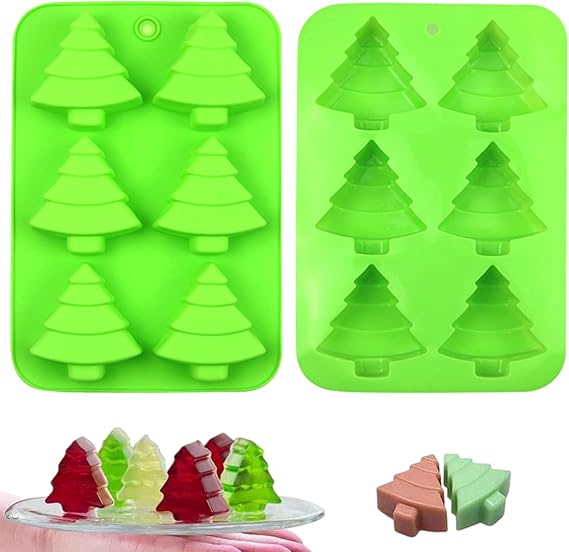 2 Pcs Christmas Tree Silicone Molds, 6 Cavity Non-Stick Christmas Tree Baking Molds, Chocolate Cake Molds, for Making Candy, Soap, Ice Cube, Pudding, Jelly, Oreo, Soap, Cake Topper Decor