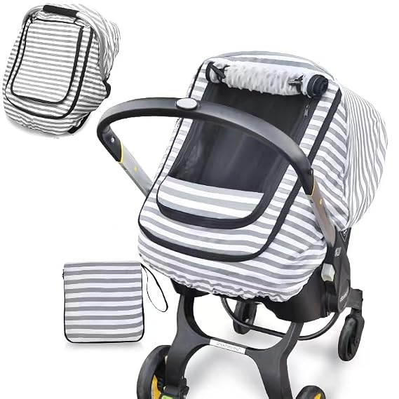 Car Seat Covers for Babies,Baby Car Seat Cover for Boys Girls,Windproof Infant Carseat Cover,Kick-Proof Car Seat Canopy with Breathable Mesh Peep Window(Grey Stripe)