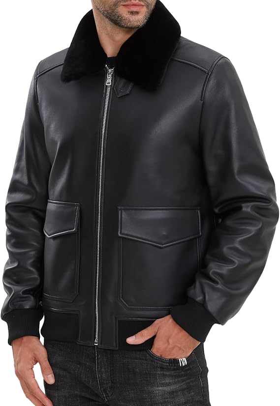 SILVER FASHIONS Leather Jacket Men,Lambskin Bomber Jacket with Removable Real Fur Collar,Front Zip Closure, Multiple Pockets