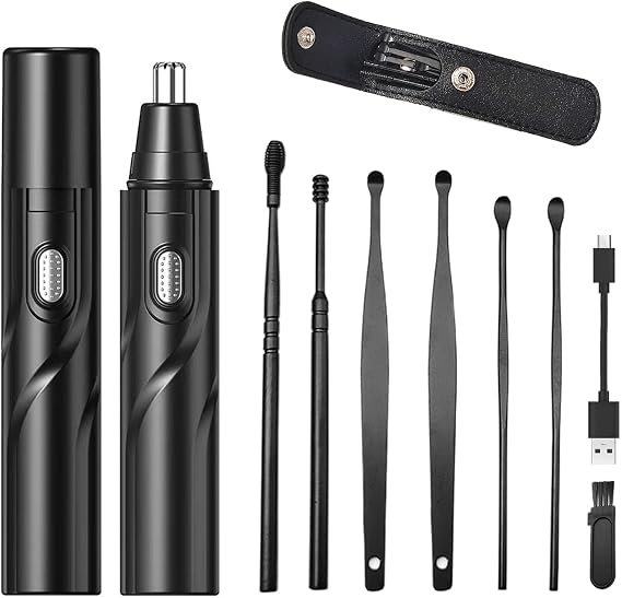 Ear and Nose Hair Trimmer Clipper, Electric Nose Ear Hair Trimmer Rechargeable with 6 Pieces Earpick Trimming Nose Hair Painless Removal Nose Hair Speed Rotation Motor Nose Hair Clipper (Black)