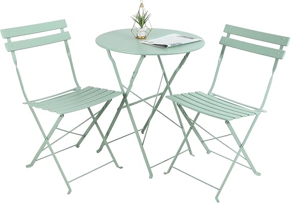 3 Piece Bistro Set, Folding Patio Furniture Set Indoor/Outdoor Table and Chairs, Modern Iron Frame Patio Dining Sets Folding Garden Furniture for Balcony Poolside Terrace (Green)