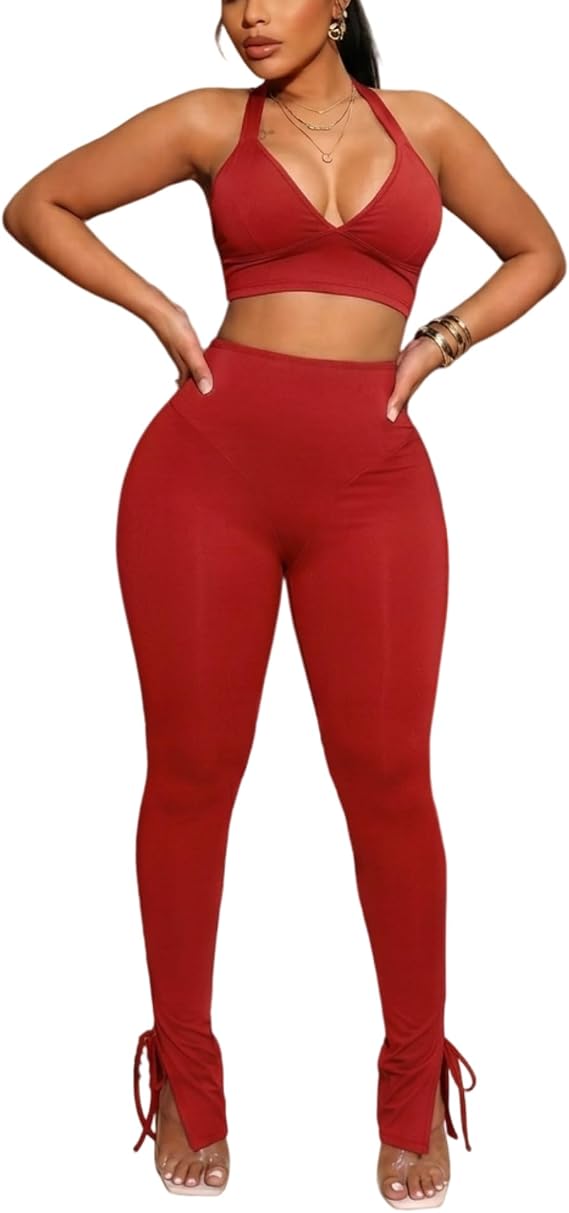 Women's 2 Piece Sexy Outfits Backless Halter Crop Top and Bodycon Pants Set