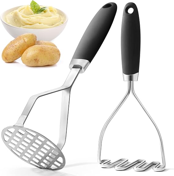 2Pcs Potato Masher Set with Silicone Handle, Premium Stainless Steel Potato Masher, Integrated & Wire Masher for Potatoes, Avocado, Vegetables and Baby Food