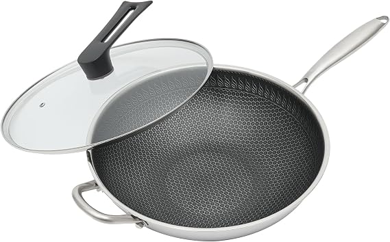 Stainless Steel Wok Non Stick with Lid and Handle, Scratch-resistant Honeycomb Fire Textured Pattern, Works For Induction, Ceramic, Electric, and Gas Cooktops