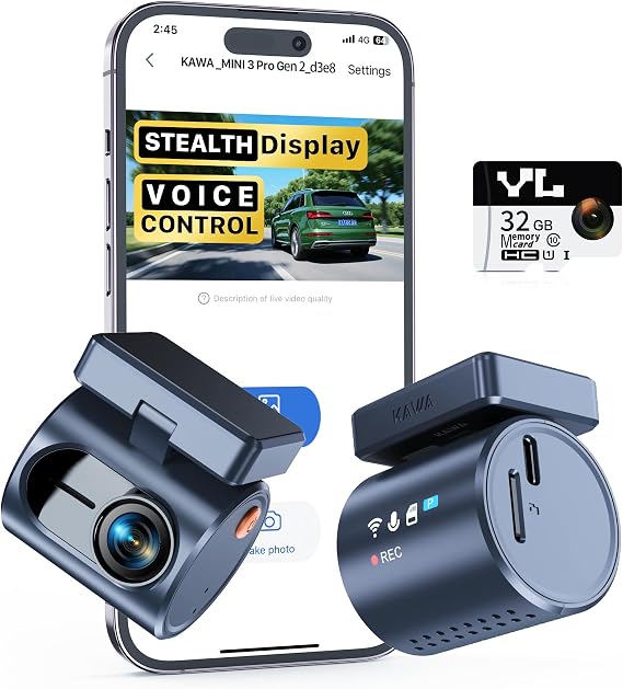 KAWA 2K Dash Cam, Stealth Display & Voice Control & WiFi Car Camera
