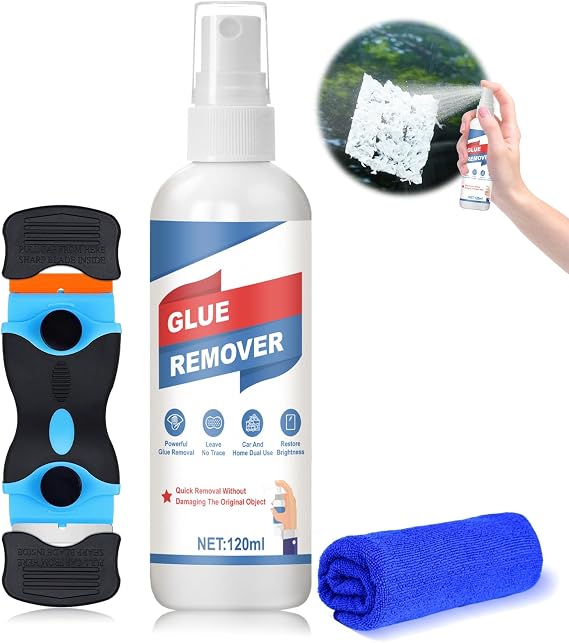 1.7 oz Label Remover, Adhesive Remover for Cars, Sticker Glue Remover with Razor Blade Scraper, Decal Remover, Glue Remover Versatile Cleaning Solution Removal for Label Sticker Residue, (120ml)