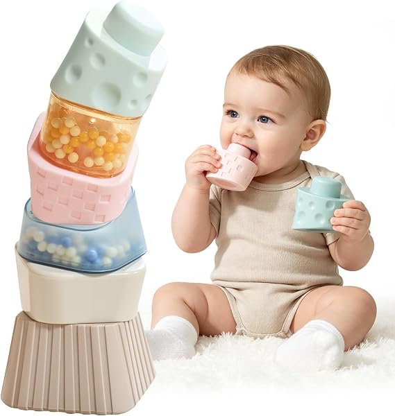 Soft Stacking Blocks with Rattles & Teethers for Baby & Toddler 6-36 Months | BPA-Free Silicone Sensory Montessori toy Boosts Balance, Coordination & Fine Motor Skills. Great for Gifting and Development.