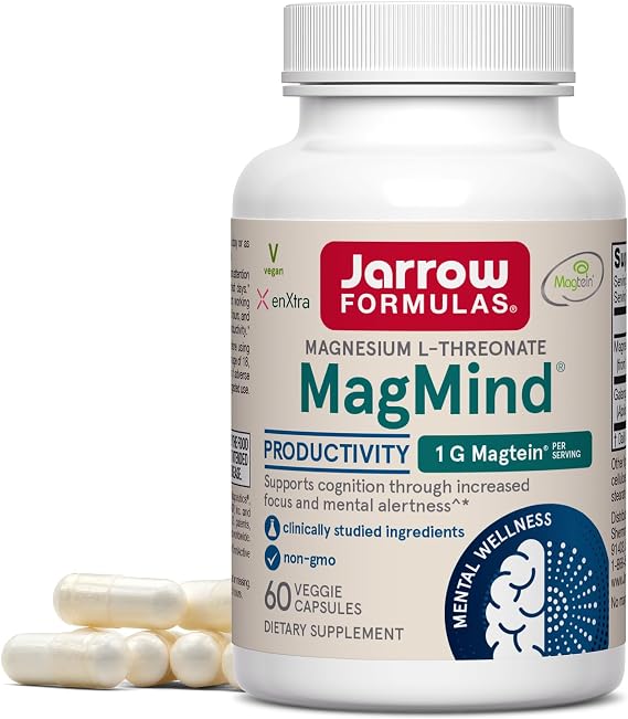 Jarrow Magnesium L-Threonate Brain Supplements, Productivity, 60 Capsules | MagMind Magnesium L-Threonate For Memory & Focus, Productivity Support, High Absorption, Mental Wellness, 30 Day Supply