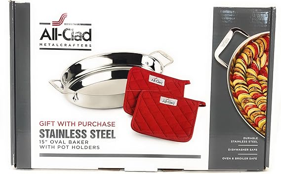 All-Clad Stainless Steel 15" Oval Baker with Pot Holders