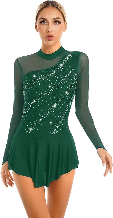 Loyan Women Ballet Lyrical Leotard Dance Dress Long Sleeve Rhinestone Figure Ice Skating Dance Costume