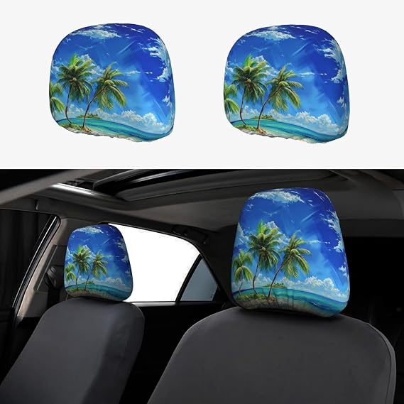 2PCS Car Headrest Cover Palm Tree On Beach Auto Seat Headrest Cover Auto Headrest Protector Decoration Green Leaf Blue Sky Car Accessories Tropical Botanical Coastal Headrest Wrap Cover