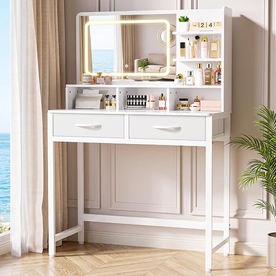 Kitsure 31.5" W Small Vanity Desk with Mirror and Lights, 2 Fabric Drawers