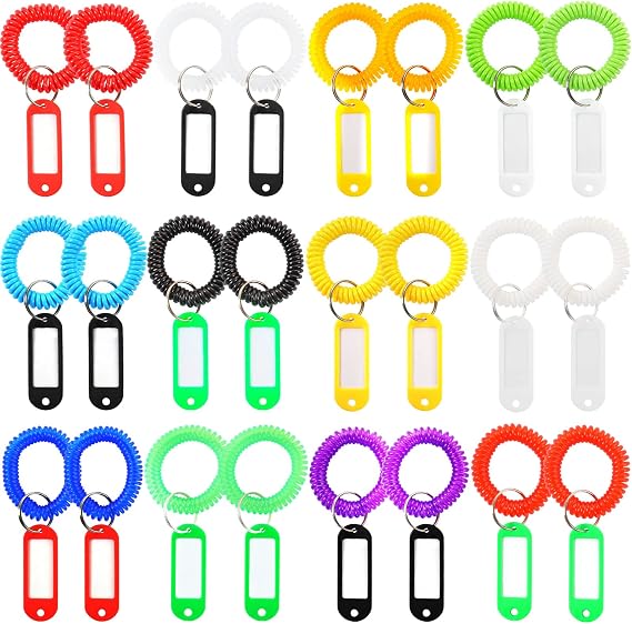 H&W 24pcs Plastic Stretchable Keychain Set with 24 Color-Coded Tags- Spiral Wrist Keychain for Gym Pool ID Badge Sauna Outdoor Activities
