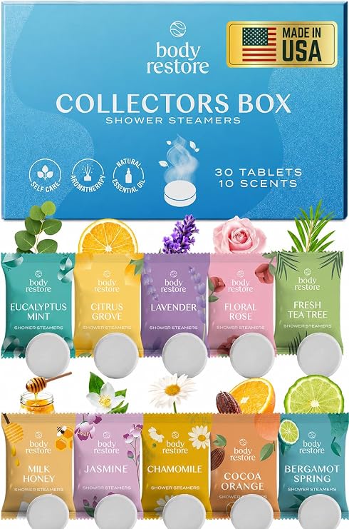 Body Restore Shower Steamers Aromatherapy 30 Pack Fathers Day Gift for Dad, Birthday Gifts for Women & Men, Spa Stress Relief & Relaxation Self Care Gifts Premium Collectors Box