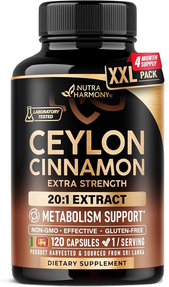 Ceylon Cinnamon Capsules - Energy Heart & Metabolism Support - 120 Capsules | Pure Natural Cinnamon Supplement for Men & Women - Extra Strenght 20:1 Extract - GMO & Gluten-Free - 4-Month Supply
