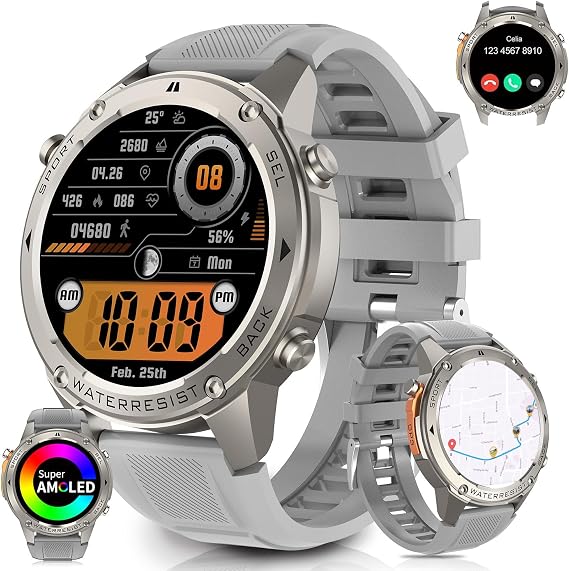 1.43'' AMOLED Display GPS Smartwatch, 50M Waterproof, Compass, Altitude, Fitness Tracker Long Standby Android & iOS Compatible Smart Watch Bluetooth Call & Receive Text Sports Watch Men (Silver)