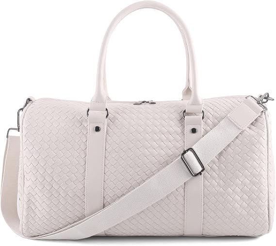 Weekender Bags for Women Designer Duffle Bag for Men, Woven Leather Carry on Travel Bag with Wet Compartment Large Capacity Water-Resistant Gym Tote, Beige