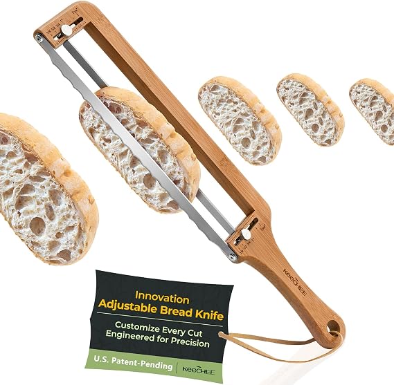 Keechee Adjustable Bread Slicer for Homemade Bread Sourdough Bread Knife with Thickness Guide & Serrated Stainless Blade, Manual Bow Cutter for Bagels and Baguettes, Gift for Baker, Ambidextrous Use
