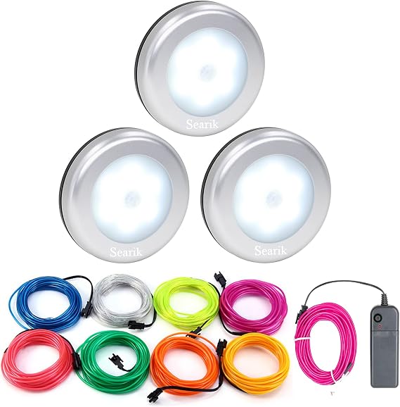 Motion Sensor LED Night Lights 3 Packs Step Lighting and EL Wire Rope Lights Glowing Light with Battery Controller for DIY Decorations