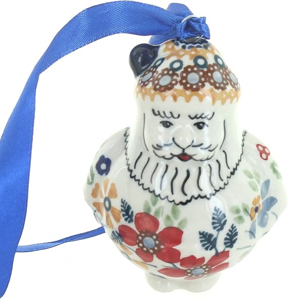 Blue Rose Polish Pottery - Red Daisy Santa Ornament - 3.25" Tall - Hand-Painted Collectible Decoration