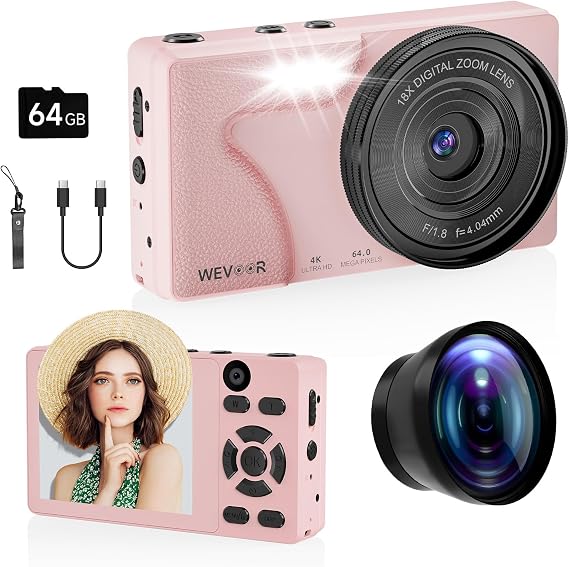 64MP 4K Vlogging Camera, 64GB Fast Autofocus Digital Camera with Dual Cam, Wide Lens, 2000mAh Battery and 18X Digital Zoom - Ideal for YouTube, Tiktok, Travel, Beginners Video Recording Creation