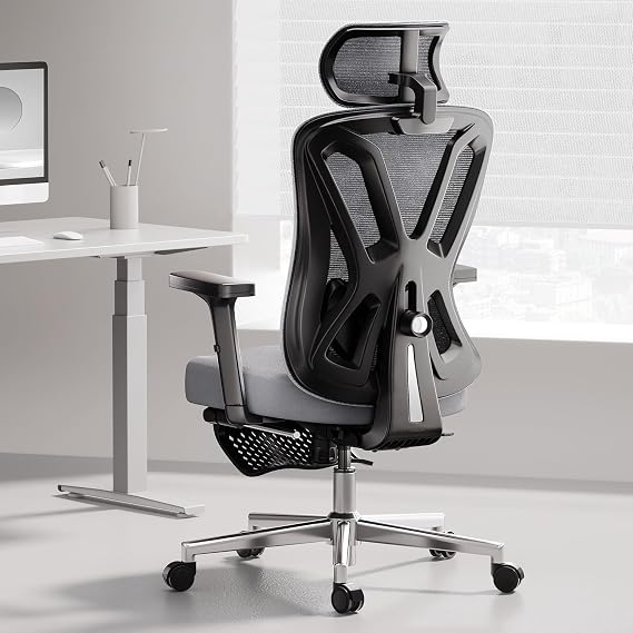 Hbada P5 Ergonomic Office Chair, Desk Chair with Adjustable Lumbar Support and Height, Comfortable Mesh Computer Chair with Footrest 2D Headrest, Swivel Tilt Function Light Grey