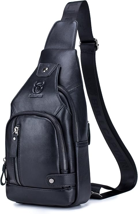 BULLCAPTAIN Genuine Leather Mens Sling Bag Multipurpose Travel Crossbody Chest Bag Daypacks with USB Charging Port (Black)
