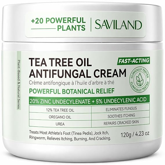 SAVILAND Antifungal Cream FSA-HSA Max Strength: 25% Undecylenic Acid Anti Fungal Cream for Skin Athletes Foot Jock Itch Ringworm Foot Fungus Treatment Comfort with Tea Tree & Oregano Oil 4.23 oz
