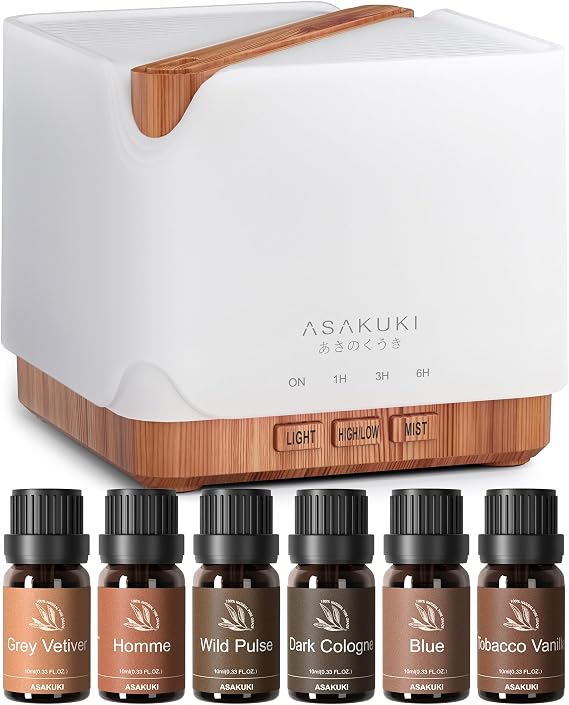 ASAKUKI 700ml Essential Oil Diffuser Set Large Room Diffuser + 6 Cologne-Inspired Fragrance Oils Gentlemans Codes Collection Ships Separately
