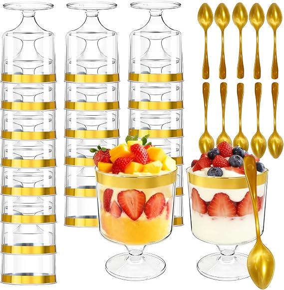 120 Pcs Plastic Dessert Cups with Gold Spoons, 5oz Clear Dessert | Parfait Cup Appetizer Pudding Cup, Round Serving Goblet Cups with Gold Rim Shot Glasses Birthday Party Events Supplies