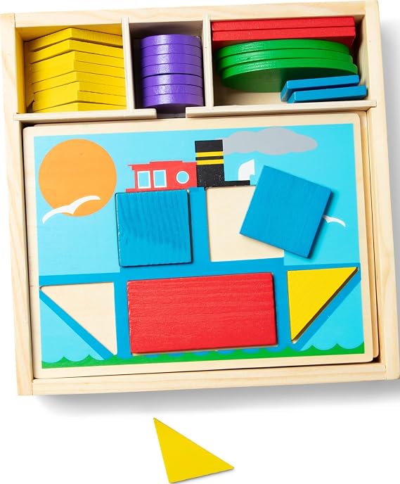 Melissa & Doug Beginner Wooden Pattern Blocks Educational Toy with 5 Double-Sided Scenes and 30 Shapes Puzzles for Kids 3+