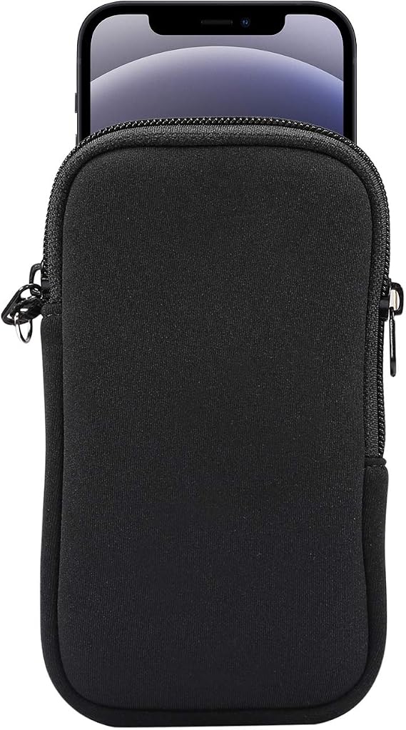 Neoprene Small Size Cell Phone Sleeve, Zip Wallet Pouch with Neck Strap for iPhone 17, 16, 16e, 15 14 Pro, iPhone 13 12 Pro iPhone 13 12 Mini 11 Pro iPhone SE 3rd G iPhone X XS (Black)