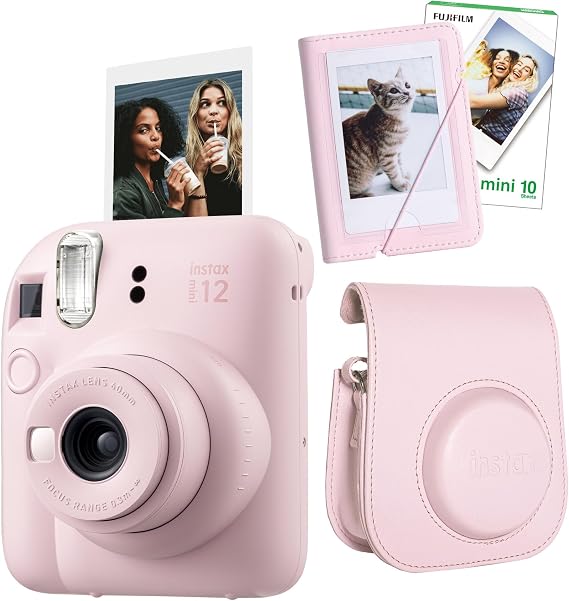 Instax mini 12 Camera-10 Film-Mini Album and Leather Case Set (Pink)