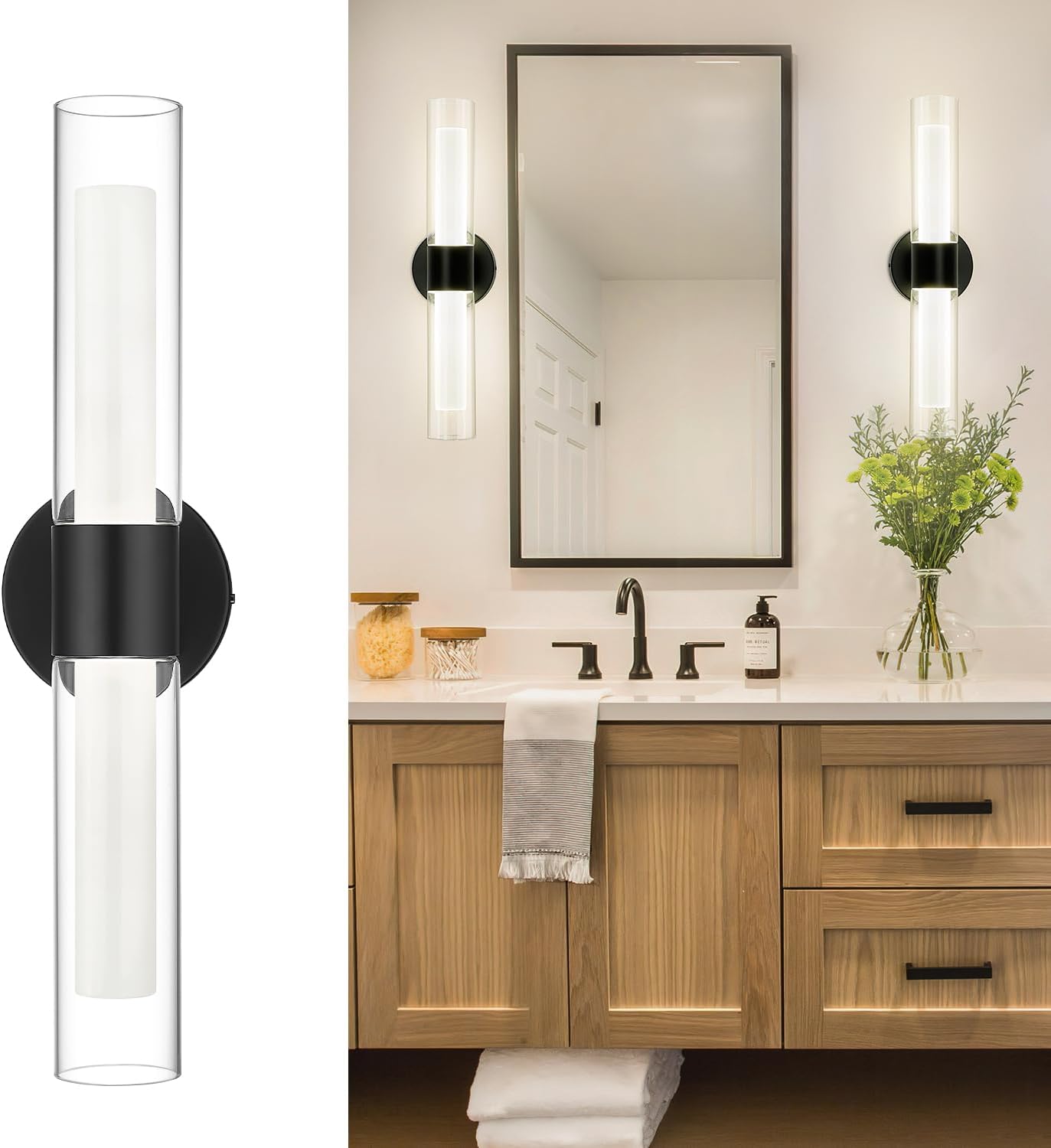 kudos Black Modern Sconces Wall Lighting, Wall Sconces with Clear Glass and Frosted Glass, Modern LED Vanity Light for Bathroom, 3000K4500K6000K Adjustable,KDVL06-BK-2