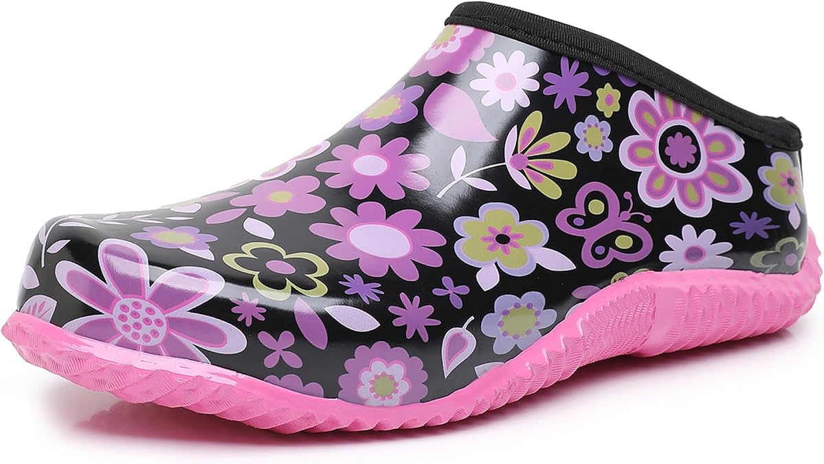 Women's Waterproof Garden Shoes - Non-Slip Rubber Rain Clogs with Floral Print, Arch Support Comfortable Footwear for Gardening, Yard Work & Outdoor