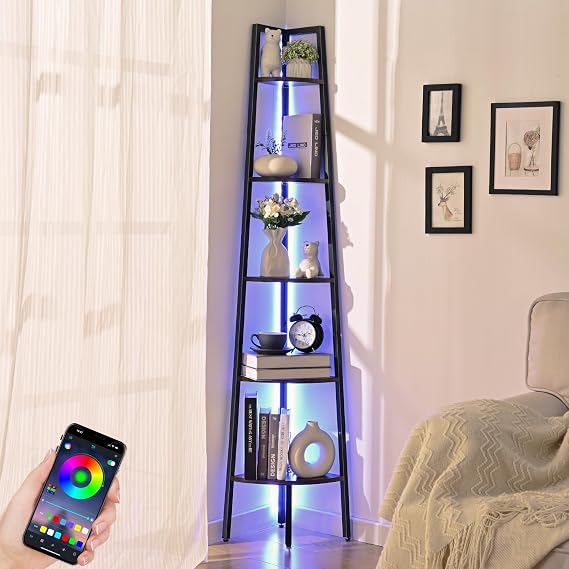 Corner Shelf, 5-Tier Corner Bookshelf with LED Light, 67.5in Corner Shelves for Bedroom, Tall Standing Shelf with Steel Frame, Storage Shelves for Office Living Room