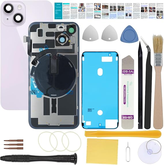 Back Glass Replacement Cover Compatible with iPhone 14 Plus 6.7-Inches All Carriers with Pre-Installed Plate +Wireless Charging Coil Flex Cable+Flashlight+Microphone+Camera Frame+Tools(Purple)