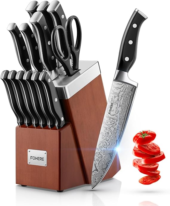 Knife Set, FOHERE 14 Pieces Self Sharpening Knife Block Set, Waved Pattern High Carbon Stainless Steel Knife Set, Rust & Stain Resistant Kitchen Knives and Triple Riveted Handle, Reddish Brown