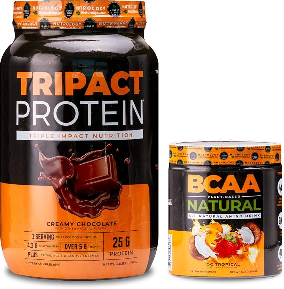 Nutrology TRIPACT Protein Powder, 7-in-1 Meal Replacement Shake, Creamy Chocolate (40 Servings) BCAA Natural, Plant Based BCAA Powder, Orange Coconut Flavor (30 Servings)