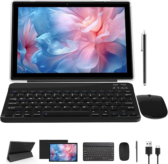 2 in 1 Tablet 10 Inch Android 15 Tableta, Tablets with Keyboard Mouse Case Stylus, 8GB RAM 32GB ROM Supports 1TB Expansion 2MP+8MP Dual Camera Quad Core Processor 6000mAh Battery 10.1 IN FHD Tab Black