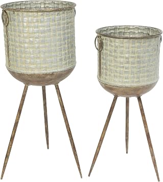 Set of 2 Round Galvanized Planters with Embossed Weave Pattern and Stand