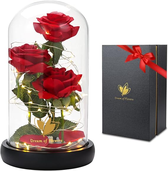 Beauty & The Beast Preserved Red Rose in Glass Dome with LED Gift Box