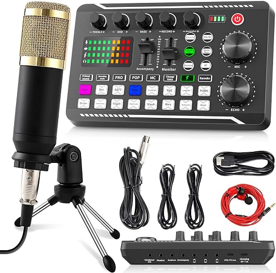 Facmogu F998 Podcast Equipment Bundle, Live Sound Card with BM-800 Mic